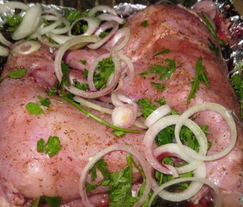 Кролик с луком и зеленью